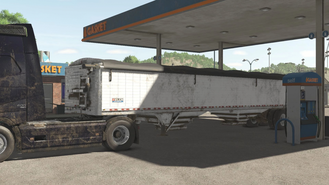 Wilson Pacesetter trailer at gas station in FS25 mod, Farming Simulator 25.