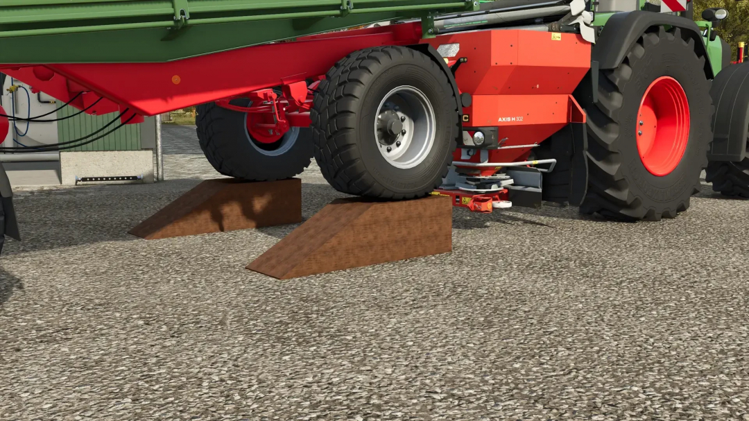 FS25 mod Wooden Wedge v1.0.0.0 showing a tractor wheel on wooden ramps.