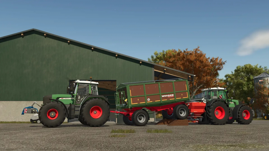 FS25 mods: Two tractors with a trailer using a wooden wedge in Farming Simulator 25.