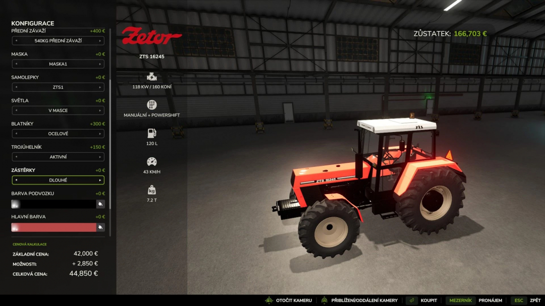 Zetor ZTS 16245 tractor in FS25 mod with real sounds displayed in a configuration menu.