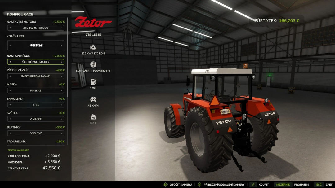 FS25 mod showing Zetor ZTS 16245 tractor with customizable specs in a virtual garage.