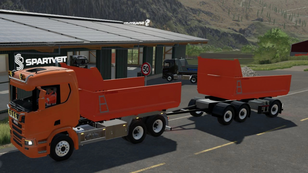 FS22 Zetterbergs Pack v1.0.0.0 mod featuring an orange truck with trailer at Spartvet. Enhances Farming Simulator 22 gameplay.