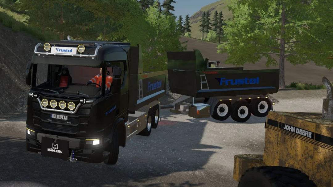 FS22 mod image of Zetterbergs Pack v1.0.0.0 featuring a black truck and trailer in a forest setting.