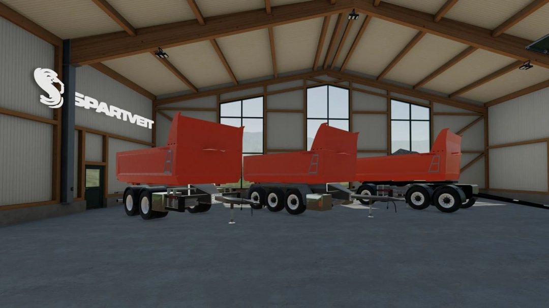 FS22 mods Zetterbergs Pack v1.0.0.0 featuring red farming trailers in a warehouse setting.