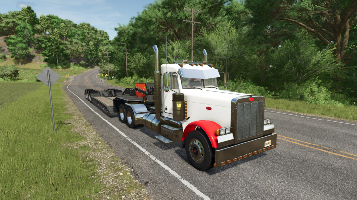 fs25-mods,  2005 Peterbilt 379 truck mod in FS25, featuring a white cab and red fenders, parked on a scenic road.