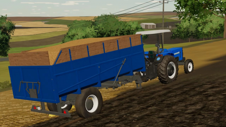 fs22-mods,  FS22 mod 30 Ton Trailer v3.0.0.0 in blue, attached to a tractor, carrying a load, showcasing Farming Simulator 22 mods.