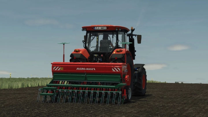 fs25-mods, FS25 mod Agromasz SR300 v1.0.0.0 showing a tractor with seed drill in a field.