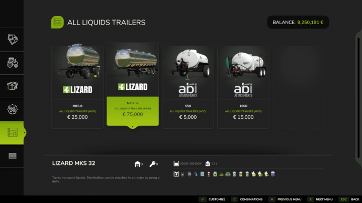 fs25-mods, FS25 All Liquids Trailers mod selection screen showing Lizard MKS 32, MKS 8, ABI 550, and ABI 1600 with prices.