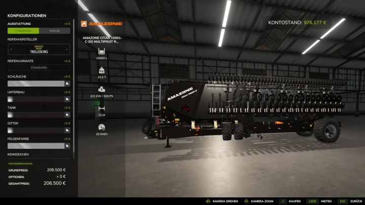 fs25-mods,  FS25 mods: Amazone Citan 15001C DS Multifrucht v1.1.0.0 seeder in a farm warehouse, showing configuration options.