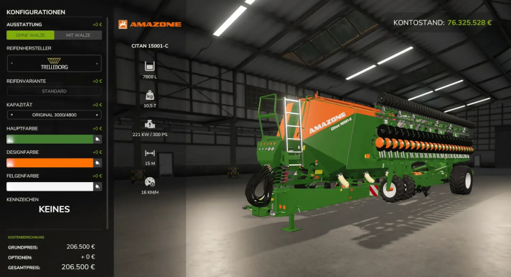 fs25-mods, Amazone Citan 15001-C seeder in FS25 mods configuration screen, showcasing customization options.