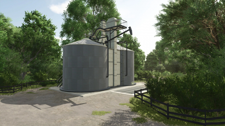 fs25-mods,  American Double Silo in FS25 mod, Farming Simulator 25 mod features a modern silo surrounded by trees.