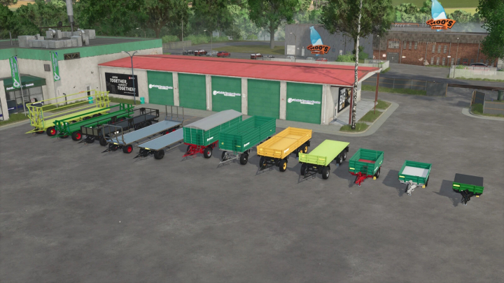 fs25-mods,  FS25 Bale Autoload Pack v1.0.0.0 showcasing various trailers and bale loaders in a parking area.