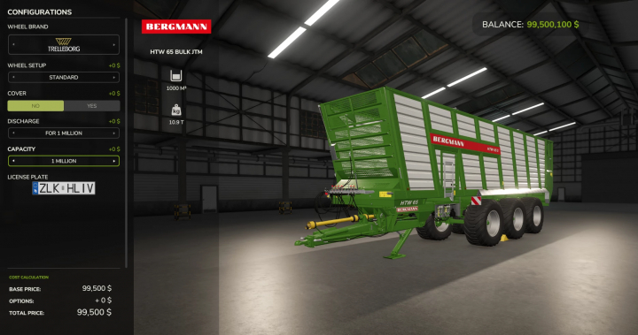 fs25-mods,  FS25 mod Bergmann HTW 65 Bulk JTM v1.0.0.0, features a green trailer with detailed configurations in a virtual garage.