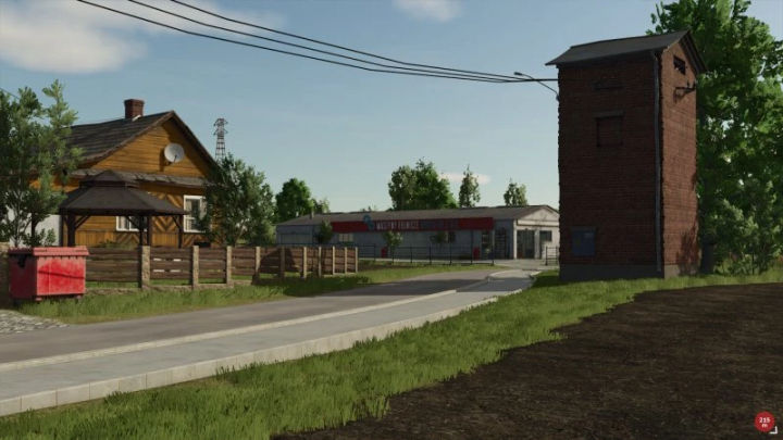 fs25-mods, Bozany Map v1.0.0.0 in FS25 mods, featuring rural landscape with a house, a garage, and a water tower.