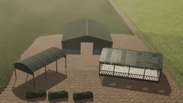 fs25-mods,  FS25 mods British Farm Pack v1.0.0.1 featuring three farm buildings on a field.