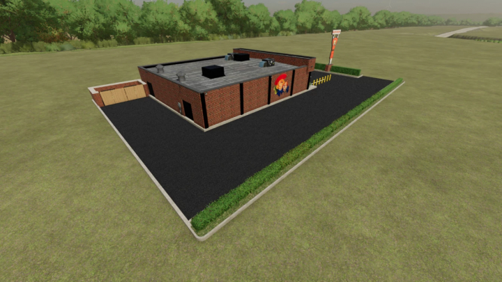 fs25-mods, FS25 mod Buster Brown Shoe Store v1.0.0.0 in a rural setting, showcasing a brick building with parking area.