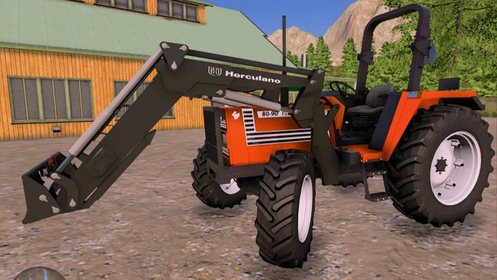 fs22-mods, FS22 mod Carregador Herculano edit v1.0.0.0, features a front loader attachment on an orange tractor.