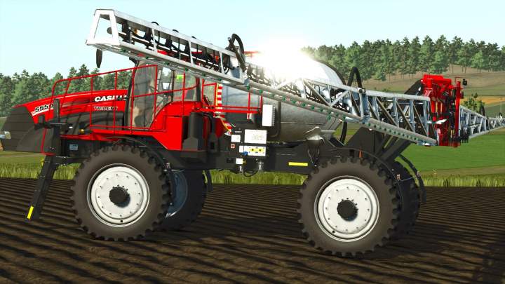 fs25-mods, Case IH Trident 5550 mod in FS25, showcasing a detailed red sprayer on a farm landscape.