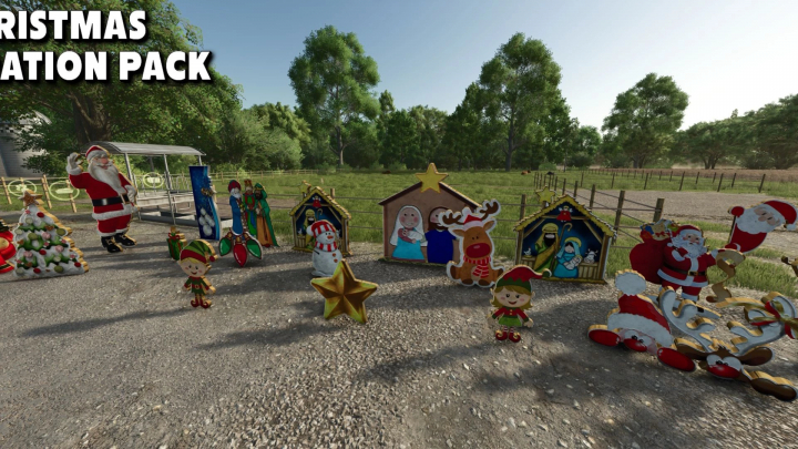 fs25-mods,  FS25 mods Christmas decorations pack with Santa, elves, and nativity scene in Farming Simulator 25.