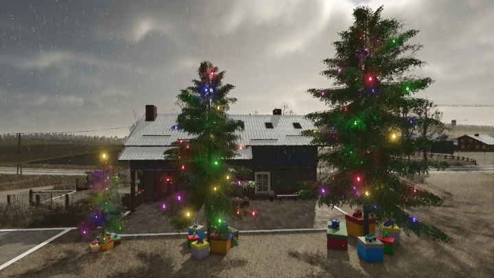 fs25-mods,  Farming Simulator 25 Christmas Tree Pack mod with decorated trees and gifts outside a snow-covered house.