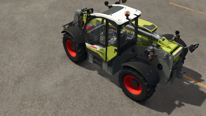 fs25-mods,  Claas Scorpion 1033 telehandler mod in FS25, featuring green body and red wheels on asphalt.