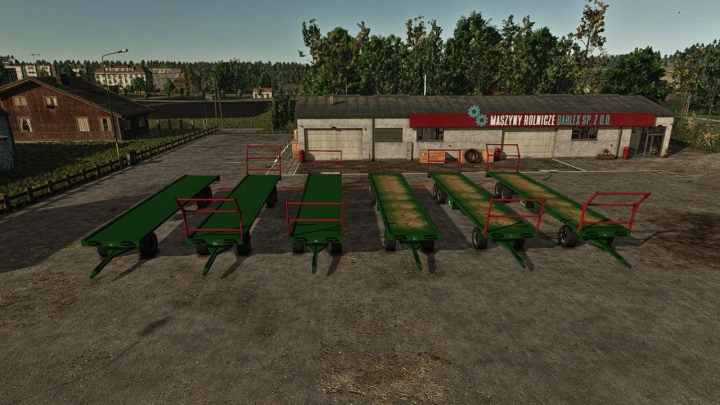 fs25-mods, Rows of Coutand 12m trailers in FS25 mod parked outside a warehouse.