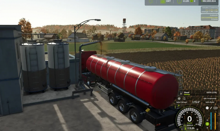 fs25-mods, FS25 mod Diesel Factory v1.0.2.1 with tanker truck loading fuel beside silos in Farming Simulator 25 landscape.