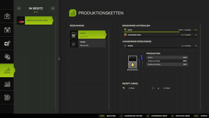 fs25-mods, FS25 mod Diesel Production small v1.0.0.0 interface showing diesel production details and input materials in Farming Simulator 25.