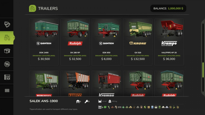 fs25-mods,  FS25 mod screen displaying various trailers with enhanced capacities, including Farmtech DDK 2400 and Krone GX 520, priced for purchase.