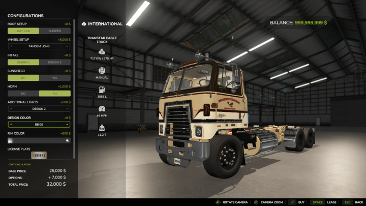 fs25-mods,  FS25 Transtar Eagle Truck V 1.0 mod in Farming Simulator 25, featuring customization options in a garage setting.