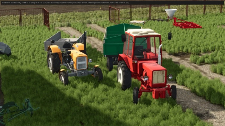 fs25-mods,  FS25 mods: Two tractors from the FS25 W?ademirec T25 mod on a farm, showcasing vibrant colors and equipment in Farming Simulator 25.