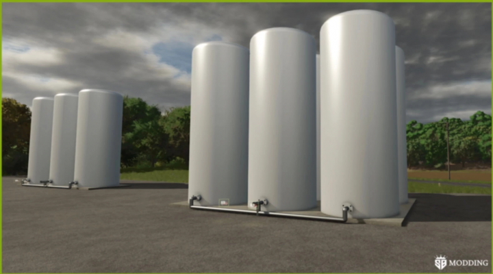 fs25-mods,  FS25 Farm Silo Deluxe v1.0.0.0 mod image with large white silos against a cloudy sky.