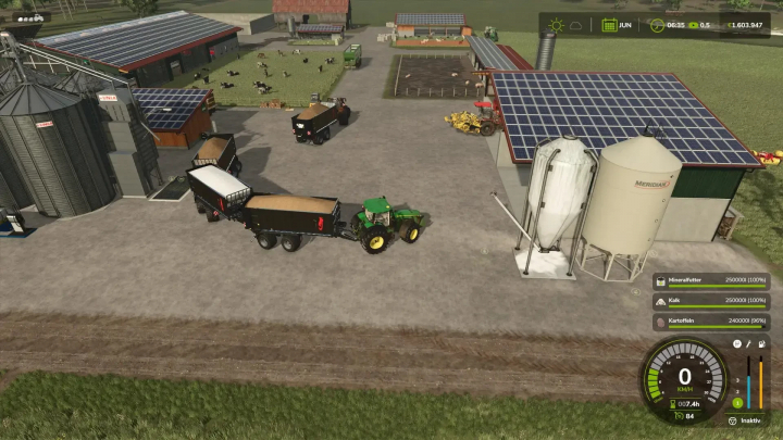 fs25-mods,  FS25 mod Fliegl ASW 271 Unreal v1.0.0.0 in a farm setting with tractors and storage silos.