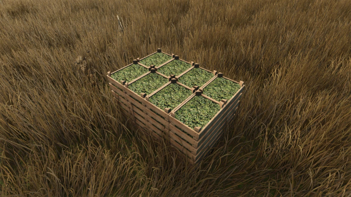 fs25-mods,  FS25 Hemp Growing mod showing wooden crates filled with harvested hemp in a field.