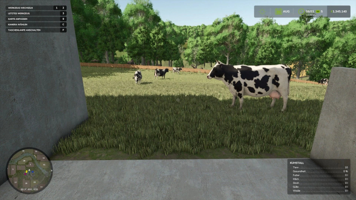 fs25-mods,  FS25 mods: Cows grazing in a field surrounded by forests in the HermannsEck map from Farming Simulator 25.