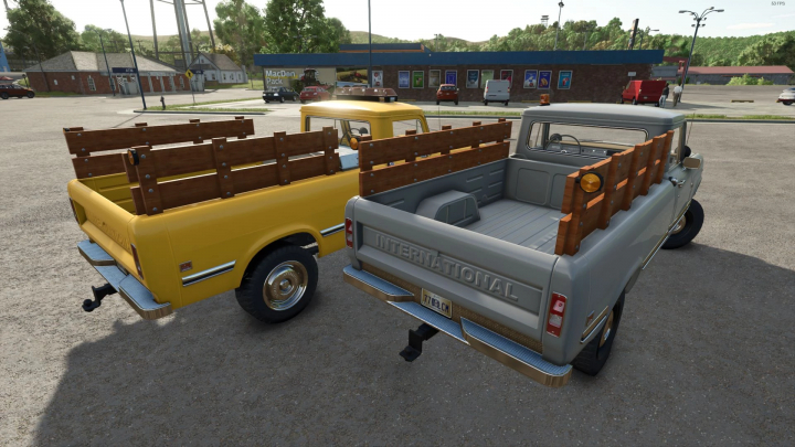 fs25-mods,  FS25 mods: International Series 200 vehicles with wood paneling in a parking lot. Farming Simulator 25 mod details.