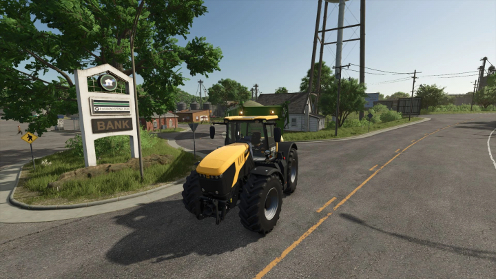 fs25-mods,  JCB Fastrac 8330 mod in FS25, parked near Riverbend Springs Bank.