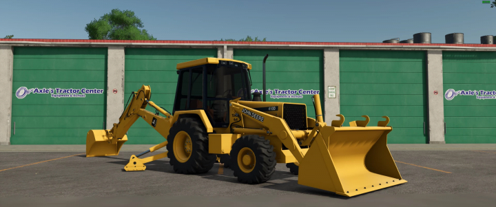 fs25-mods, FS25 mod John Deere 410D tractor in front of a green garage at Axle's Tractor Center.