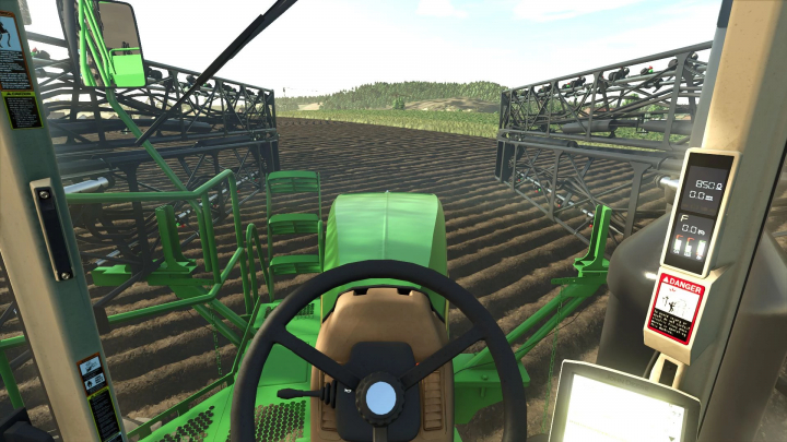 fs25-mods,  Interior view of John Deere 4940 in FS25 mod, showing detailed controls and expansive fields.