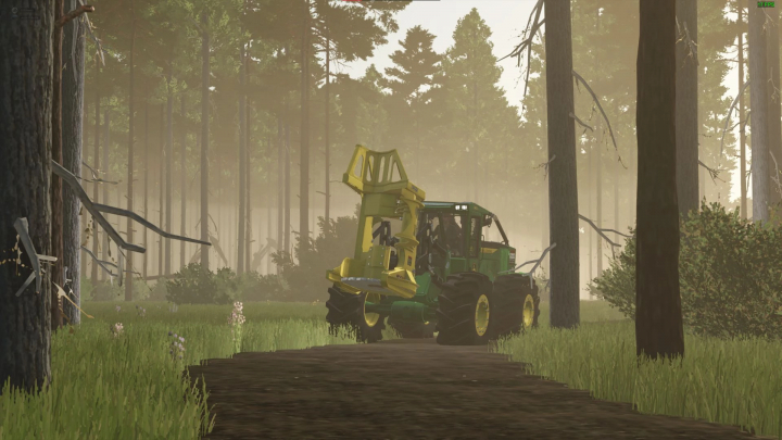 fs25-mods, John Deere 843K forestry mod in FS25, showcasing forest operation in misty woods