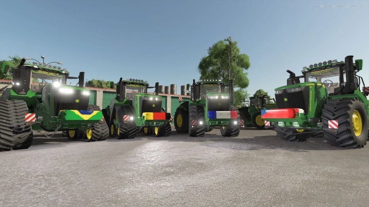 fs25-mods,  FS25 mods: John Deere 9R/X Series tractors parked, showcasing edit v1.0.0.1 with national flags in Farming Simulator 25.