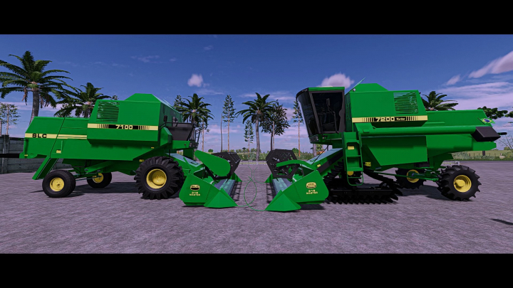 fs22-mods,  FS22 mods John Deere SLC 7200 v1.0.0.0 showing two green combines side by side in Farming Simulator 22.