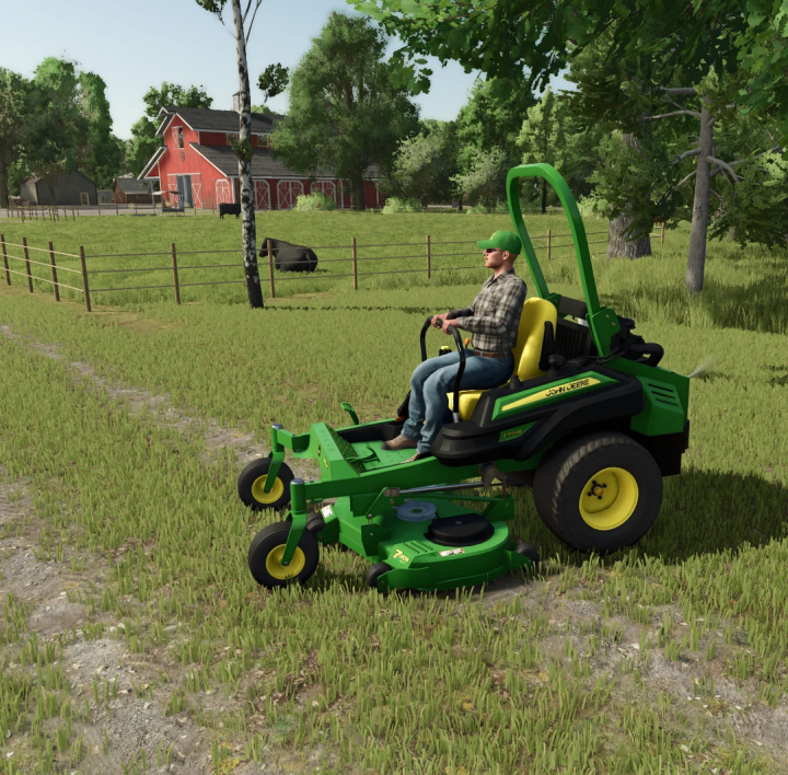 fs25-mods,  John Deere Z944R ZeroTurn Mower in FS25 mod with farmer near barn.