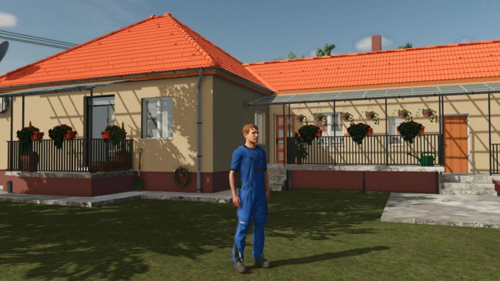 fs25-mods,  Kádár Kocka House mod in FS25 showcased with a figure in blue overalls, featuring a traditional house with red roof tiles and garden.