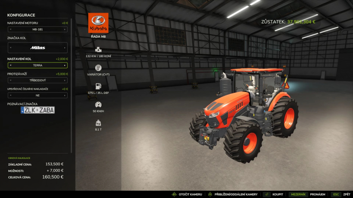 fs25-mods, Kubota M8 Series v1.0.0.1 tractor in FS25 mod menu displaying configurations and pricing.
