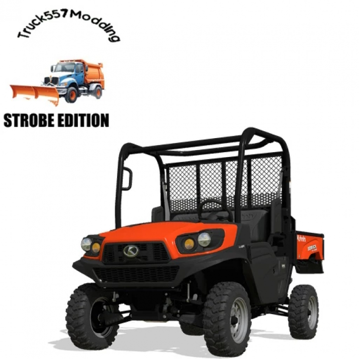 fs25-mods,  Kubota RTVXG850 UTV Strobe Edit mod for FS25, showcasing an orange utility vehicle with strobe lights by Truck557Modding.