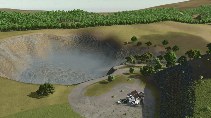 fs25-mods,  LoneHills Map v1.0.5.0 in FS25 mod, featuring a quarry landscape with trees and machinery.