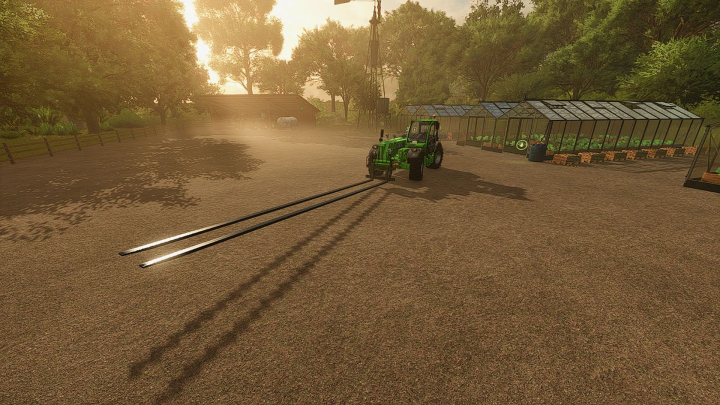 fs25-mods,  FS25 mod Magsi Extended Telehandler Fork v1.0.0.0 in a farming scene at sunset.