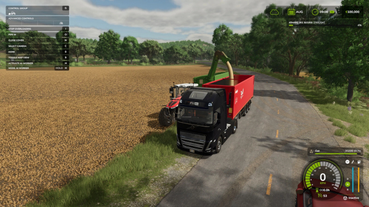 fs25-mods,  FS25 mod Manual Discharge v1.0.0.0 showing a truck and tractor on a road near a wheat field.