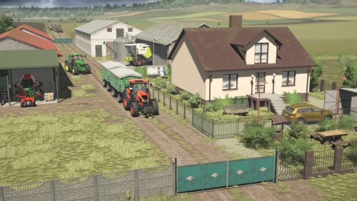 fs25-mods,  FS25 mod Medium Polish Farm features tractors, farm equipment, and buildings in a rural setting. Farming Simulator 25 mods.